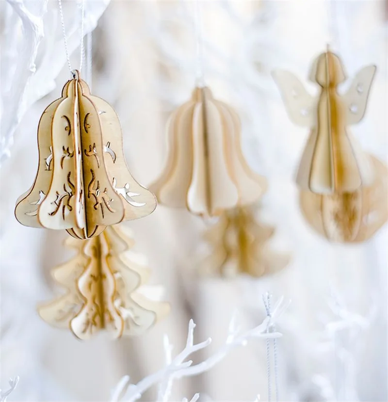 

2019 Happy New Year Wooden Christmas Tree Pendants Solid Snowman Snowflake Bell Hanging Ornaments for Xmas Party DIY Decoration