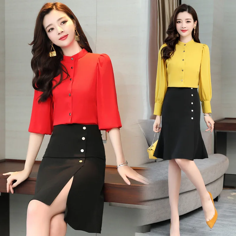 

2019 Spring New Style Fashion Elegant Smart Chiffon Two-Piece Set/Suit Skirt