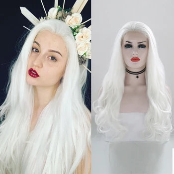 

Charisma Heat Resistant White Long Wavy Wig for Women Glueless Natural Wave Synthetic Lace Front Wig with Free Part Cosplay Wigs