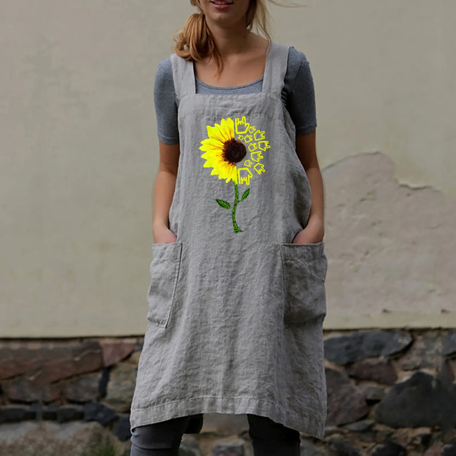 Women's Casual Fashion Dresses Vintage Spring And Autumn sunflower Printed Cotton Linen with pockets Loose Strap Dress Женский 2
