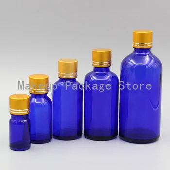 

2/10pcs 5ml 10ml 15ml 20ml 30ml 50ml 100ml Empty Blue Glass Perfum Essential Oil Bottles with Gold Tangent Aluminum Cover Cap