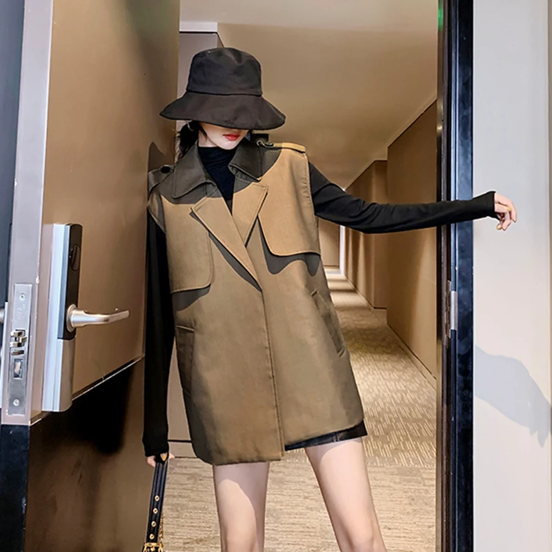 GALCAUR Tunic Autumn Women's Vest Coat Lapel Collar Sleeveless High Waist Lace Up Jackets For Female Clothing Fashion Tide