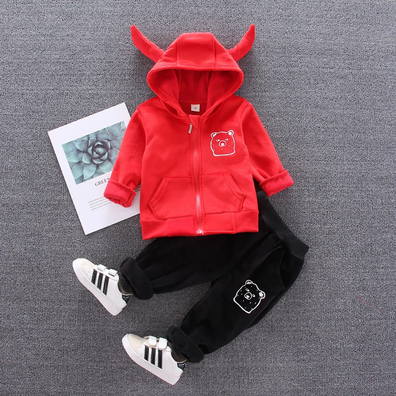 

Korean-style 2019 Winter Children Baby plus Velvet Cartoon Pattern Hoodie Bear Two-Piece Set Childrenswear