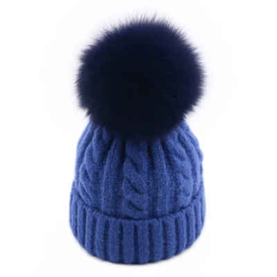 Blue 2 - Fox Fur Зимняя женская вязаная шапка Skullies Женская бини шапки с настоящим помпон из лисьего меха роскошный Gorro; теплый лыжный головной убор для девочек ярких цветов - Цвет: Blue 2 - Fox Fur