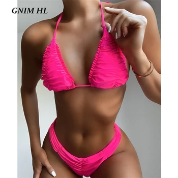

GNIM Bandage Bikini Swimwear Women 2020 Summer High Cut Fold Swimsuit Female Two Pieces Backless Solid Brazilian Biquini Set New