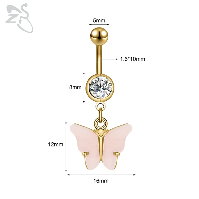 ZS 1 Piece Gold Color Stainless Steel Belly Ring Flower Heart CZ Crystal Navel Belly Button Rings Butterfly Navel Piercings 14G Style 15