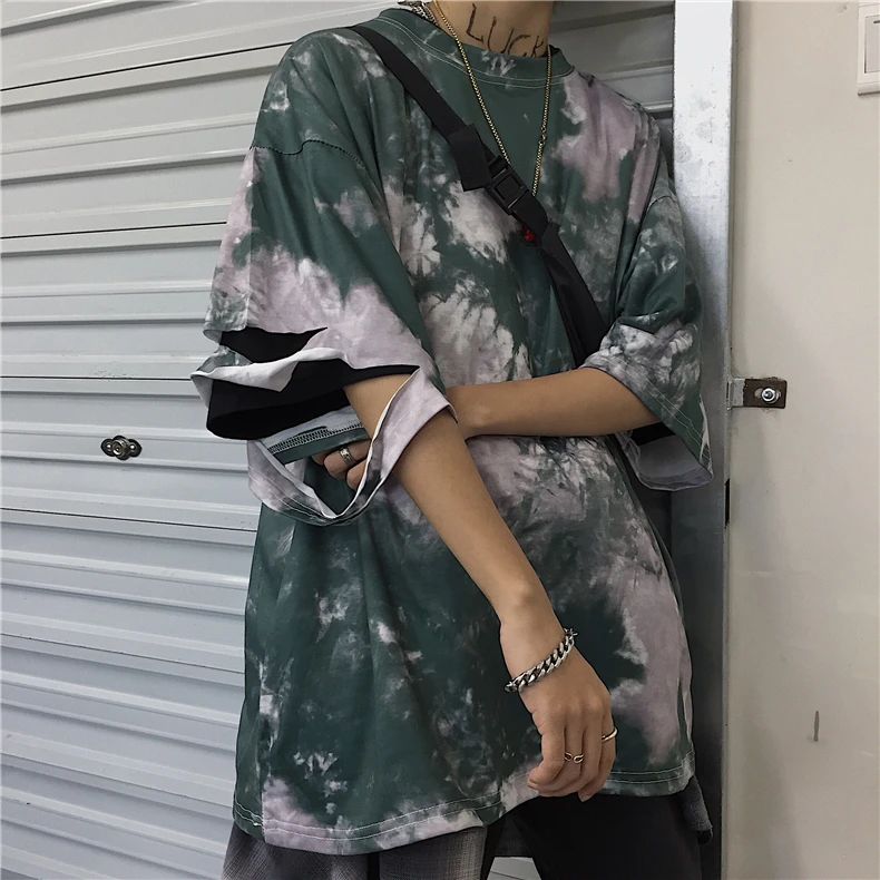 

Ripped Hole Vintage Hip Hop Tie Dye Print Gradient Block T Shirt Tee T-Shirt Rap Top Harajuku Streetwear Korean Women Man Punk