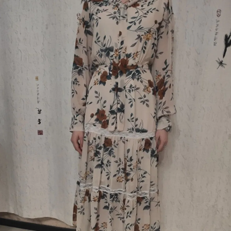 2020 Summer Chic Women Dress Retro Casual Long Sleeve Boho Floral Print Dress Korean Elegance Lady Bandage Dresses