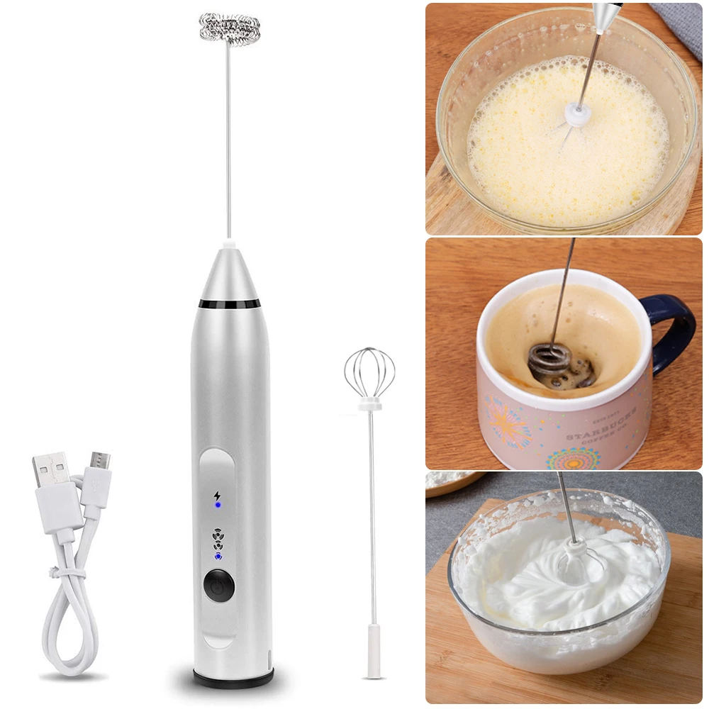 

Electric Handheld Milk Frother With Double Spring Whisk Head USB Rechargeable Egg Coffee Milk Frother Three Speed Adjustable