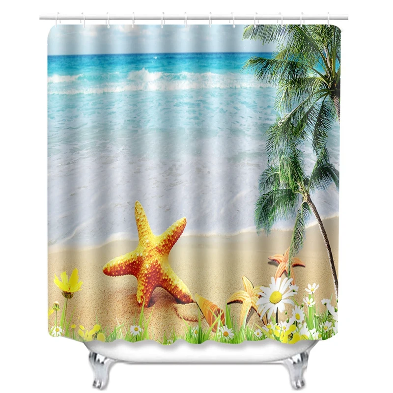 4Pc Ocean Series Bathroom Rug Shower Curtain Skidproof Toilet Non-Slip Rug Set 6x Hooks