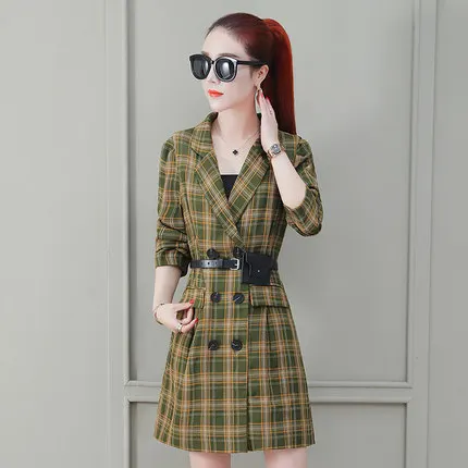 Long Section Plaid Windbreaker Female Spring And Autumn Fashion New Temperament Slim Windbreaker Coat Tide HHH0023 - Цвет: green