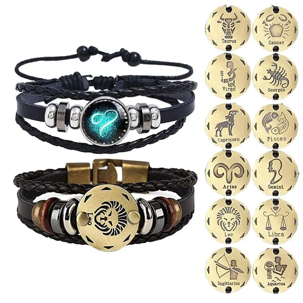 2Pcs 12 Constellation Armband Sterrenbeeld Zwart Gevlochten Leer Bangle Ram Leeuw Libra Lichtgevende Dome Sieraden Punk Mannen Armband