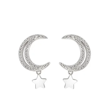 

S925 Sterling Silver Moon Little Star Earrings Girl Simple and Wild Korean Version of the Forest Temperament Diamond Earrings