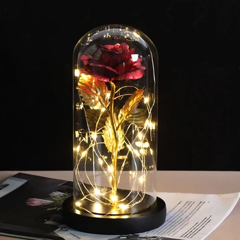 

Beauty and the beast Artificial Gold Rose Flower and LED Light String In Glass Dome On Wooden Base The Best Gift For Women