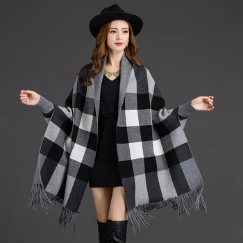 

Versatile Women's Warm Artificial Cashmere Tassel Poncho With Batwing Sleeve Knitted Oversize Shawl Cardigans