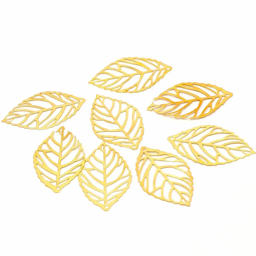 gold 24x14m100pc золото, серебро, бронза, полые листья, филигранная подвеска, металлические поделки, шарм, сделай сам, УФ смола, ожерелье, ювелирное ремесло, изготовление - Color: gold