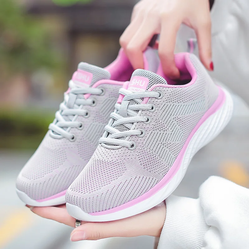 2019 Осенняя женская обувь на плоской подошве сетчатые кроссовки шнуровке