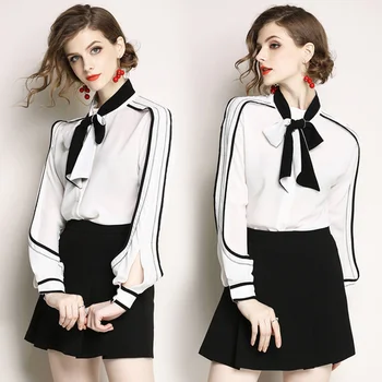 

Loose Single Breasted Bow Women Tops Casual Brief Vintage Camisas Mujer Bow Patchwork Fashion Blusas Femininas