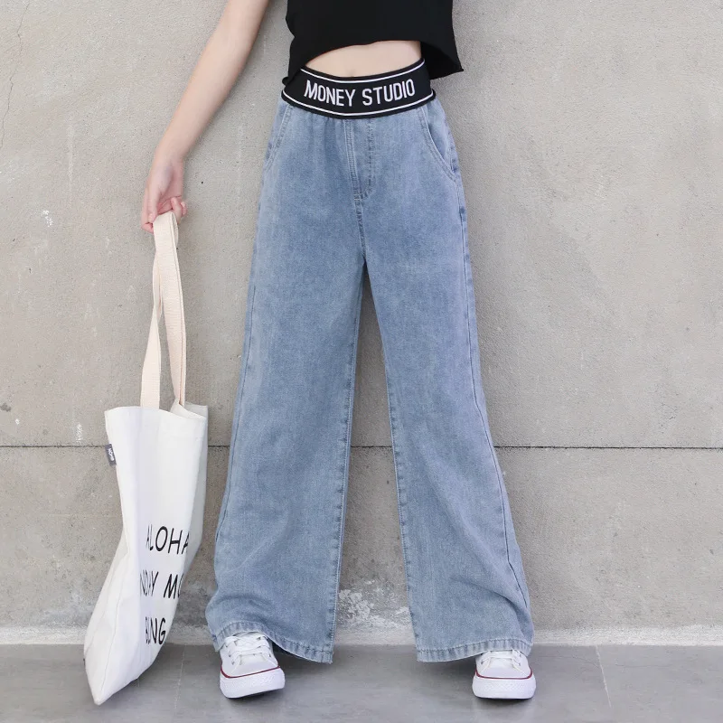 

Girls' Thin Jeans Loose Elastic Waist Waist Wide Legs High Waist Slim Straight Mop Pants Girls Clothing