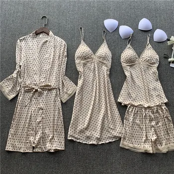 

Casual Kimono Bathrobe Gown Women Nightwear Satin Intimate Lingerie Nightgown Sexy 4PCS Sleepwear Nightwear Home Clothes