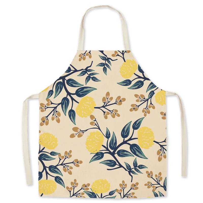 Nordic Style Aprons Plant Flower Printed Kitchen Aprons For Women Linen Bibs Household Cleaning Pinafore Home Cooking Tools