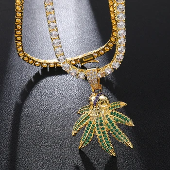 

Hip Hop Smoking Skull Leaf Pendant & Necklaces For Men Copper Gold Silver Ice Out Green With Tennis Chain Necklaces