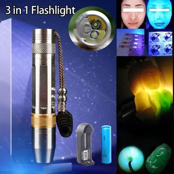 

3 In 1 LED Flashlight Super Bright Blacklight White Yellow Uv 365nm 18650 Jewelry Stone Jade Money Detection Flash Light Torch
