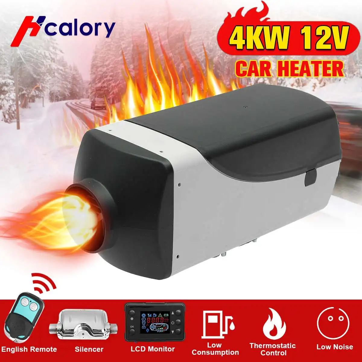 Black Gray Hcalory обогревателя автомобиля 12V 4000W ЖК-дисплей монитор дизелей подогреватель топлива одно отверстие для лодки автобуса с пультом дистанционного управления Управление+ глушитель - Название цвета: Black Gray