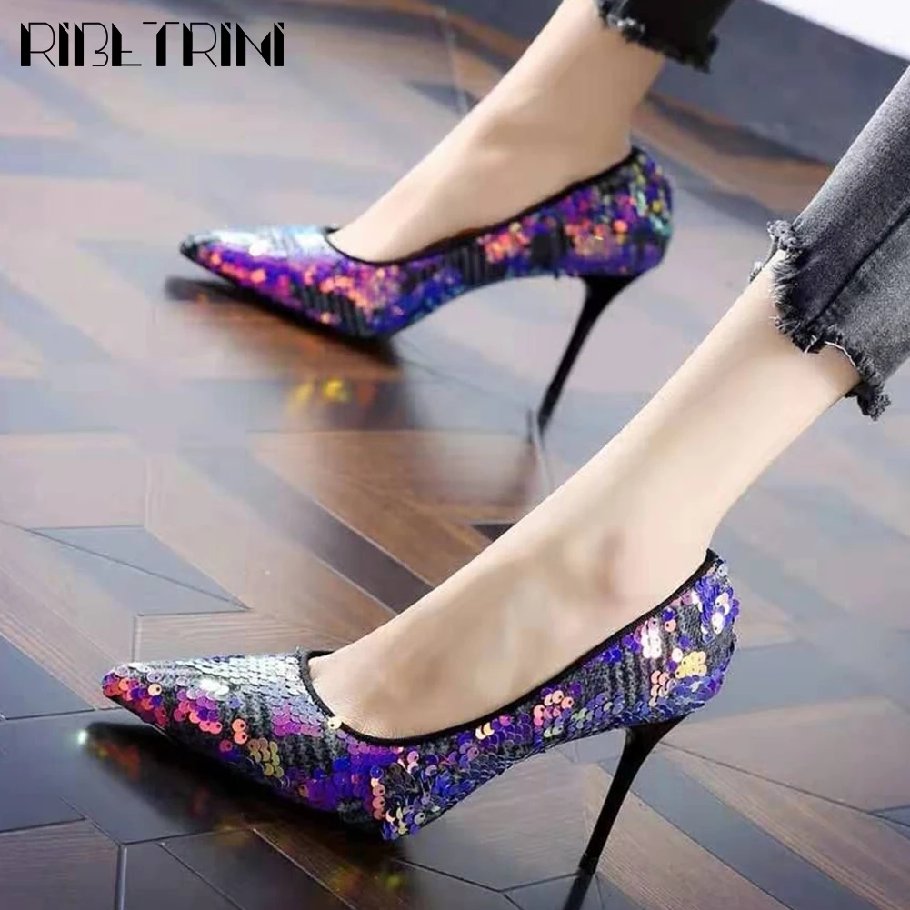 

RIBETRINI Plus Size 33-45 Ladies 2020 Sexy Wedding Glitters Shoes Woman Shining High Heel Party Pumps Pointed Toe Pumps Women