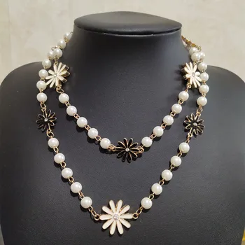 

96CM Long Simulated Pearl Necklace For Women Flower Double Layer collane lunghe donna Camellia maxi necklace Party Gift