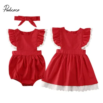 

Pudcoco Little Big Sister Matching Outfits Infant Lace Baby Girl Short Sleeve Red Romper Outfit Christmas Dress Clothes