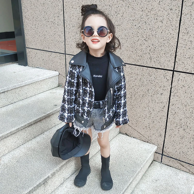 

Spring Autumn girls PU jacket baby coat children outwear kids streetwear brand rivet plaid check zipper pocket 4 to 12 yrs