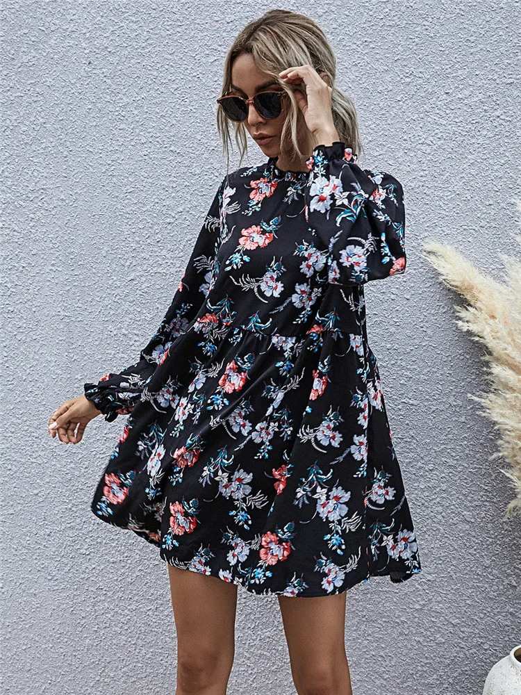 

Autumn Women Bohemia Elegant Ruffle O-Neck Floral Dress Long Sleeve Print A-Line High Waist Loose Mini Dress