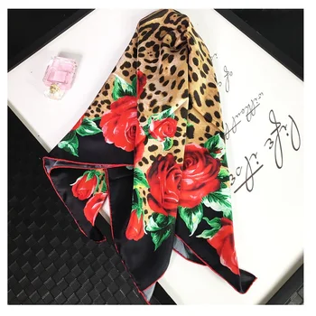 

Women 100% Silk Scarf Hijab Fashion Leopard Rose Print Square Silk Scarves Shawl 35"