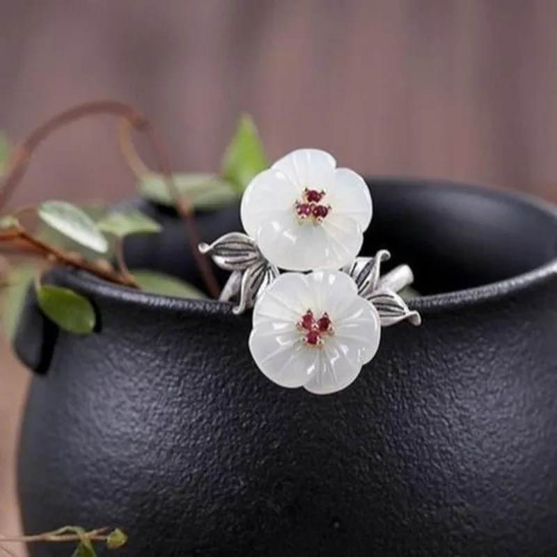 Silver Inlaid Hetian Jade Ancient Style Flowers Chinese Retro Ladies Ring
