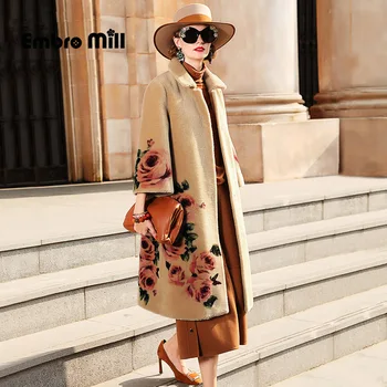 

Winter New High-End Printing Cashmere Coat Street Style Square Neck Three Quarter Sleeve Noble Elegant Warm Lady Coat S-XL