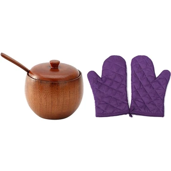 

1 Pair Heat Resistant Cotton Oven Glove Purple & 1Pcs Solid Wood Wooden Seasoning Spice Jar with Spoon and Lid