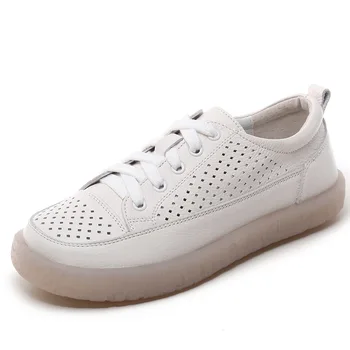 

2020 Women Flat Shoes Summer Breathable Cutout Casual Shoes Ladies Soft Bottom Genuine Leather Flats White Shoes Woman