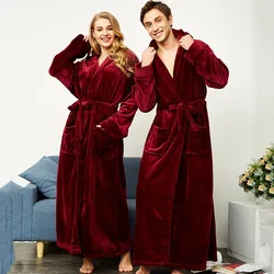 MEN&WOMEN Thick Warm Sleepwear Winter Ultral Long Large Flannel Men Robe Gown Casual Loose HOOD Bathrobe For 130KG Home Clothes