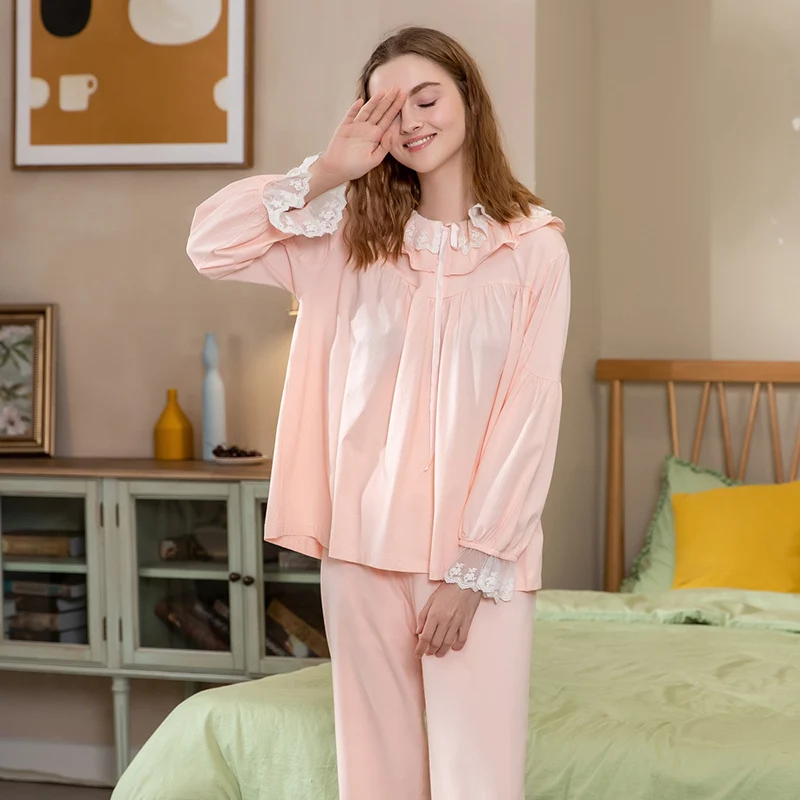 Top quality Pajamas Set Women Cotton Cute Dot Sweet Princess Lace Pyjama with Pants Full Sleeve Sleepwear Loose Female Nightsuit