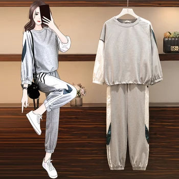 

HAMALIEL New 2020 Spring Women 2 Piece Set Oversize Gray Patchwork Long Sleeve Loose Tops Tracksuit + Pencil Trousers Suits