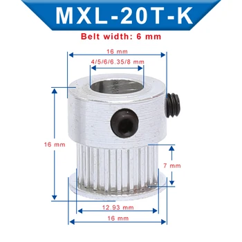 

2 pcs Pulley MXL-20T Inner Bore 4/5/6/6.35/8 mm Belt Pulley Slot Width 7mm Match with Width 6mm MXL-Timing Belt For 3D Printer