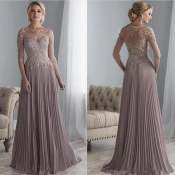 

Latest Elegant Dusty Rose Chiffon Lace Jewel Neck Mother of the Bride Dresses With 3/4 Sleeves Wedding Guest Gowns Applique