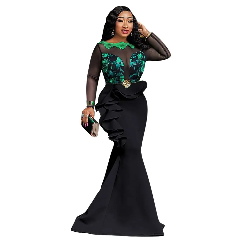 Tanie Ubranie afrykańskie Plus rozmiar Bodycon Party sukienka syrenka seksowna przezroczysta siateczka Ruffles kobieta wieczór weselny Maxi sukienka trąbka