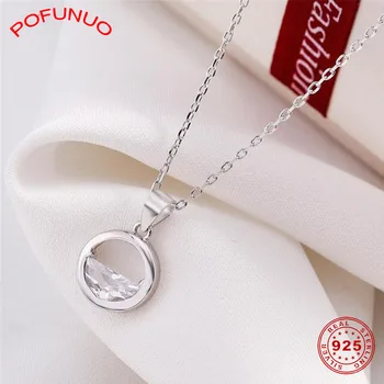 

POFUNUO 925 Sterling Silver Minimalist Women Necklace Half Round Crystal Zircon Pendant Simplicity All-match 40+5cm Necklace