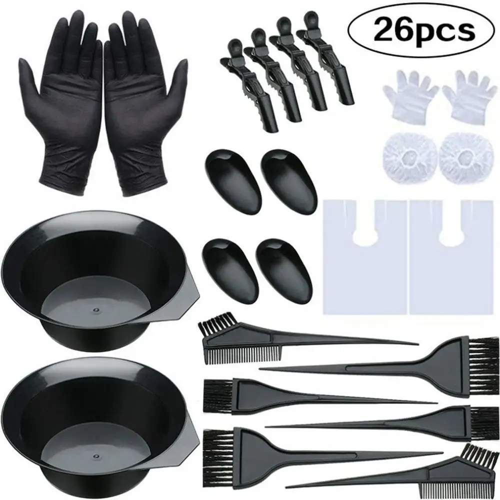 Juego de Herramientas para colorear el cabello, Set de 26 unidades de herramientas de peluquería, cepillo de peine, gorro de ducha desechable, guantes de látex, Bol para tinte