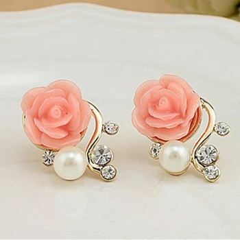 

DI-144 NEWEST Trendy 3 Color Pink Rose Flower Pearl Earrings Gold Fashion Exaggerated Earrings For Women 4g