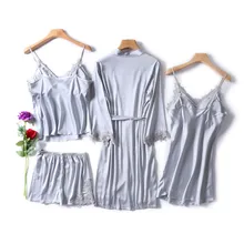 Сексуальный женский халат и платье, комплекты, кружевной Халат+ ночная сорочка, 4 штуки, пижама, Женский комплект для сна, искусственный шелк, женское белье