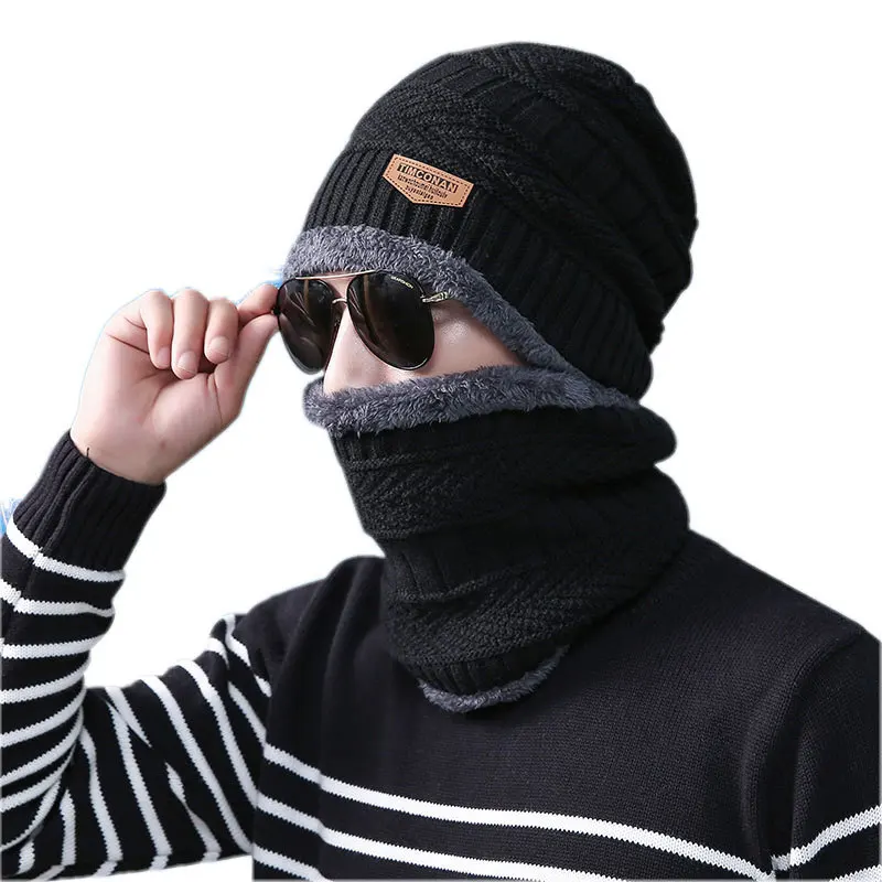 winter warm knitted hat hats for women collar scarf and 2 pieces set men 2019 | Аксессуары для одежды