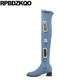 

women fall chunky long blue denim boots slim plus size european high heel jeans 10 round toe shoes designer over the knee big
